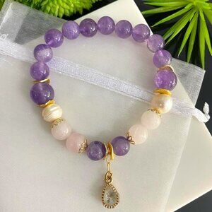 Amethyst, Pink Quartz, Pearl & CZ Charm, Gold Plated Beaded Bracelet 8mm-10mm